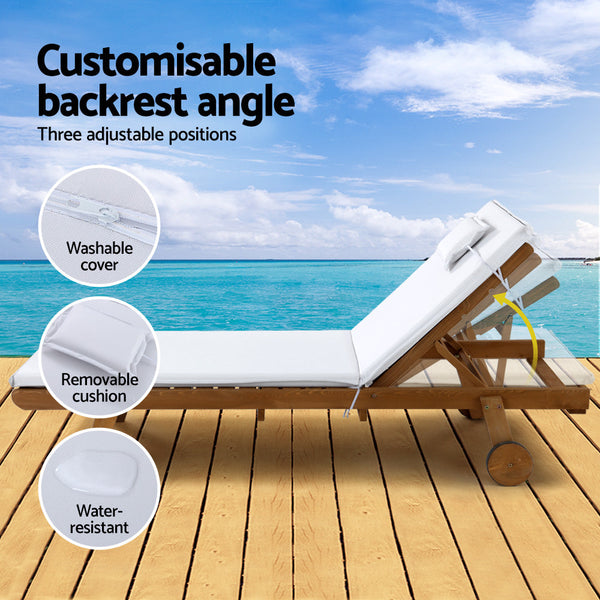 Gardeon Sun Lounge Wooden Lounger Outdoor Furniture Day Bed Wheels Patio White Loungers
