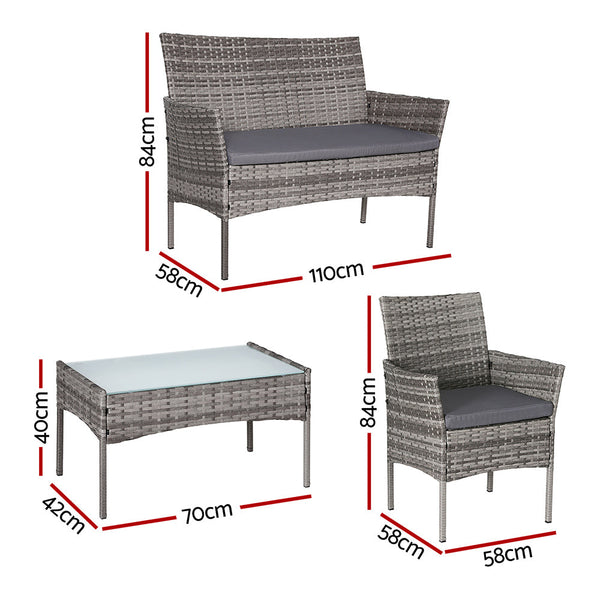 Gardeon 4 Seater Outdoor Sofa Set Wicker Setting Table Chair Furniture Grey Patio Furniture Sets