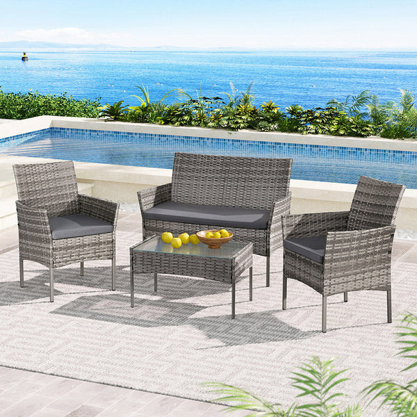 Gardeon 4 Seater Outdoor Sofa Set Wicker Setting Table Chair Furniture Grey Patio Furniture Sets