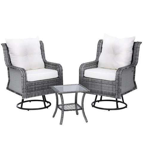 Gardeon 3Pc Outdoor Furniture Bistro Set Lounge Wicker Swivel Chairs Table Cushion Grey Patio Furniture Sets