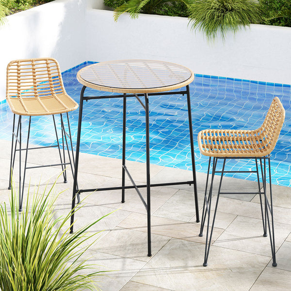 Gardeon 3 Piece Outdoor Bar Set Wicker Table Chairs Patio Bistro Outdoor Dining Sets