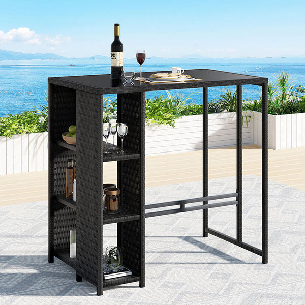 Gardeon Outdoor Bar Table Wicker Dining Bistro Glass Desk Steel Patio Furniture Black Benches Bar Stools