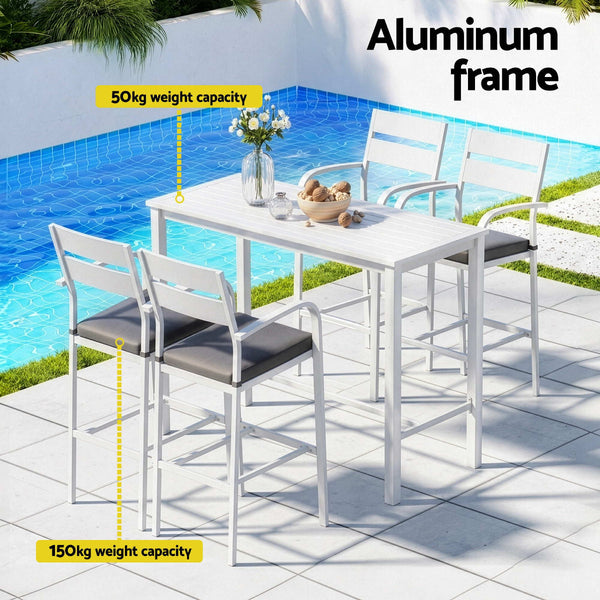 Gardeon 5 Piece Outdoor Bar Set Aluminum Table & Stools White Patio Furniture Sets