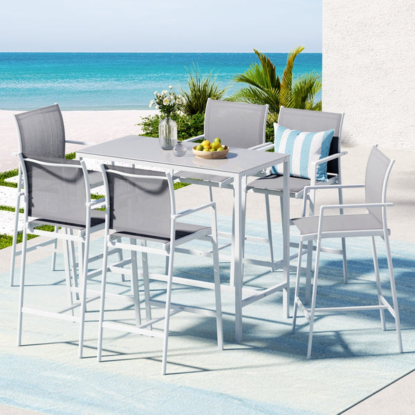 7Pcs Outdoor Bar Set Stools Dining Chairs Table Patio Steel Bistro White Outdoor Dining Sets