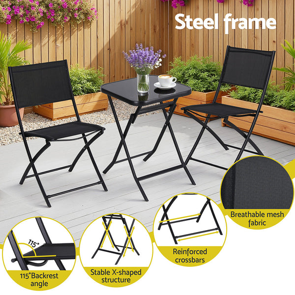 Gardeon Outdoor Bistro Set Folding Table And Chairs Patio Furniture Garden Steel Black Patio & Garden Tables