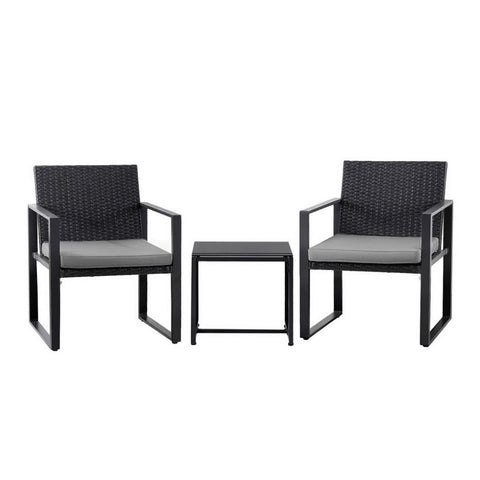 Gardeon 3Pc Outdoor Bistro Set Patio Furniture Wicker Dining Chairs Table Cushion Black Patio Furniture Sets