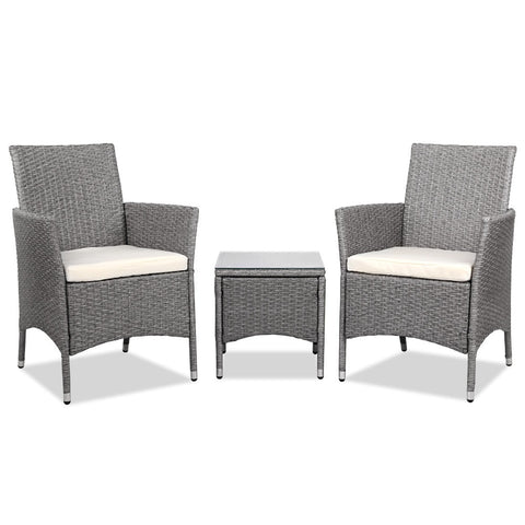 Gardeon 3Pc Outdoor Bistro Set Patio Furniture Wicker Setting Chairs Table Cushion Grey Patio Furniture Sets