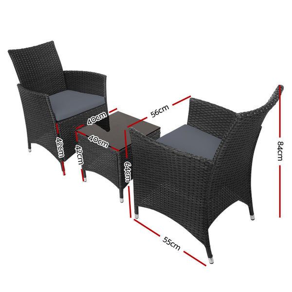 Gardeon 3Pc Outdoor Bistro Set Patio Furniture Wicker Chairs Table Cushion All Black Patio Furniture Sets