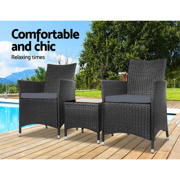 Gardeon 3Pc Outdoor Bistro Set Patio Furniture Wicker Chairs Table Cushion All Black Patio Furniture Sets