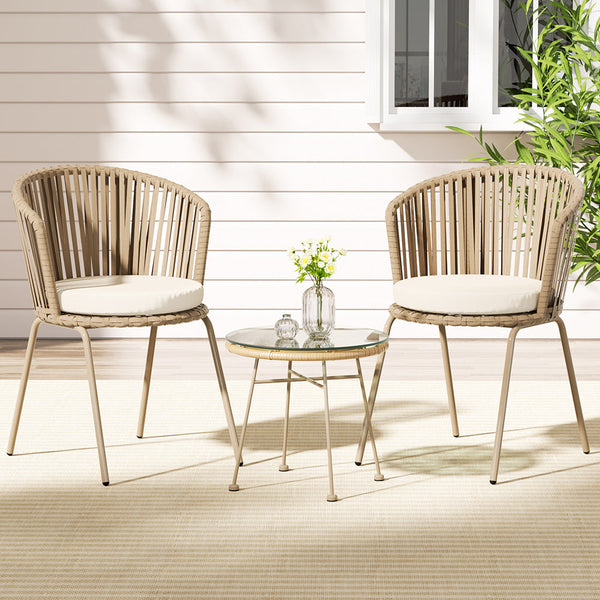 Gardeon 3Pc Outdoor Bistro Set Patio Furniture Rope Setting Chairs Table Beige Patio Furniture Sets