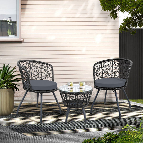 Gardeon 3Pc Bistro Set Outdoor Furniture Rattan Table Chairs Patio Garden Cushion Black Patio Furniture Sets