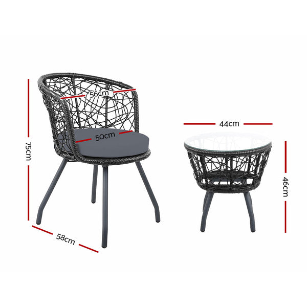 Gardeon 3Pc Bistro Set Outdoor Furniture Rattan Table Chairs Patio Garden Cushion Black Patio Furniture Sets