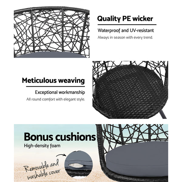 Gardeon 3Pc Bistro Set Outdoor Furniture Rattan Table Chairs Patio Garden Cushion Black Patio Furniture Sets