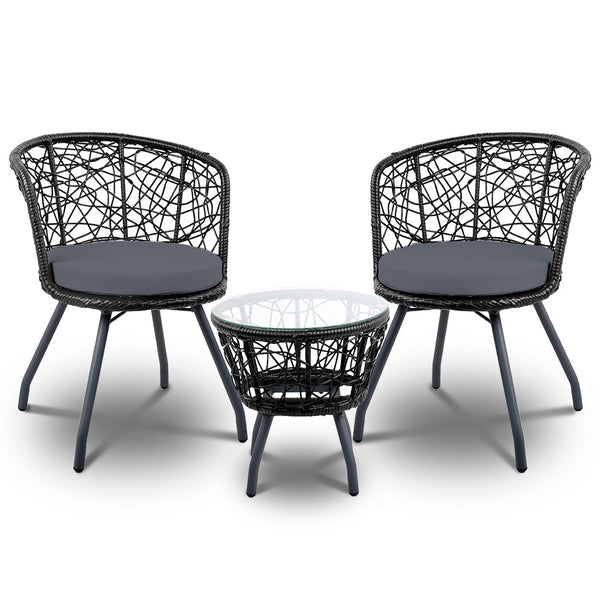 Gardeon 3Pc Bistro Set Outdoor Furniture Rattan Table Chairs Patio Garden Cushion Black Patio Furniture Sets