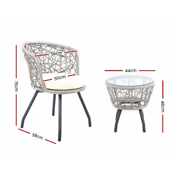 Gardeon 3Pc Bistro Set Outdoor Furniture Rattan Table Chairs Patio Garden Cushion Grey Patio Furniture Sets