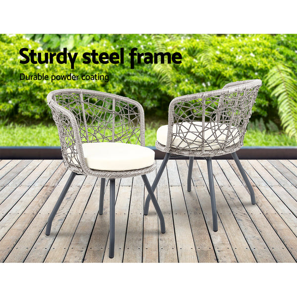 Gardeon 3Pc Bistro Set Outdoor Furniture Rattan Table Chairs Patio Garden Cushion Grey Patio Furniture Sets