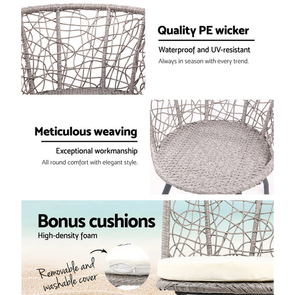 Gardeon 3Pc Bistro Set Outdoor Furniture Rattan Table Chairs Patio Garden Cushion Grey Patio Furniture Sets