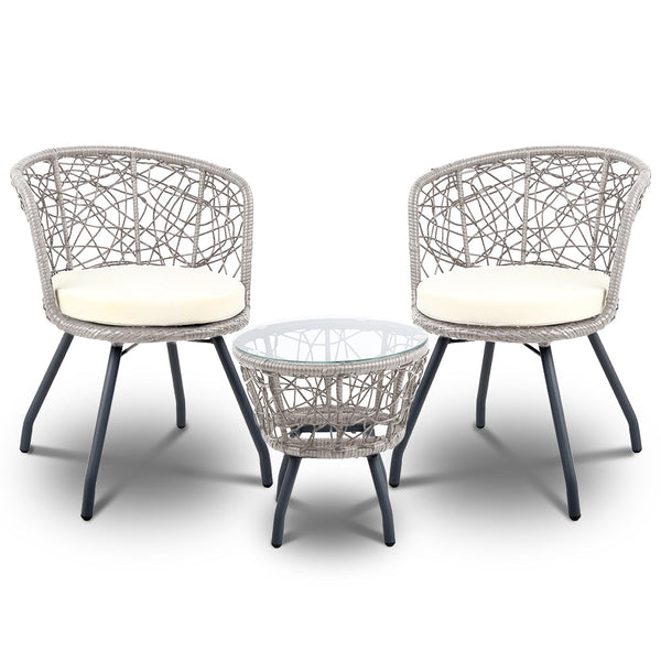 Gardeon 3Pc Bistro Set Outdoor Furniture Rattan Table Chairs Patio Garden Cushion Grey Patio Furniture Sets