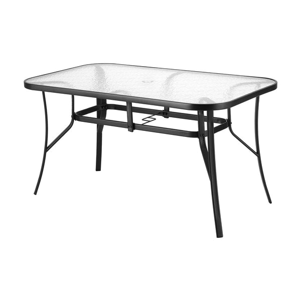 Gardeon 140Cm Outdoor Dining Table Steel Frame Tempered Glass Parasol Hole Black Patio & Garden Tables