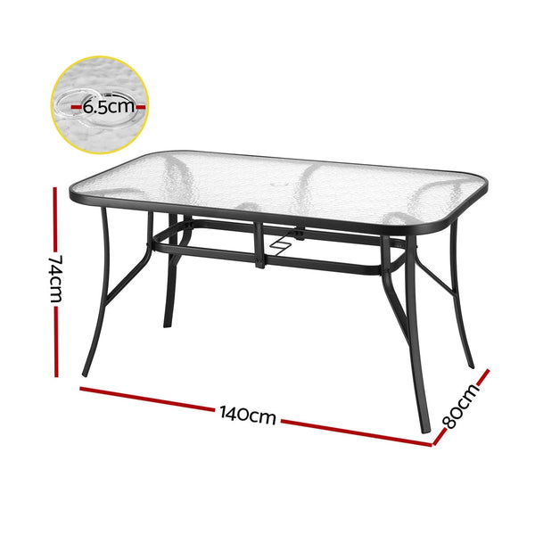 Gardeon 140Cm Outdoor Dining Table Steel Frame Tempered Glass Parasol Hole Black Patio & Garden Tables