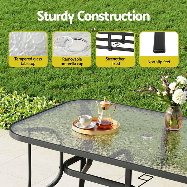 Gardeon 140Cm Outdoor Dining Table Steel Frame Tempered Glass Parasol Hole Black Patio & Garden Tables