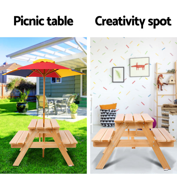 Keezi Kids Picnic Table Set With Umbrella Kids Play Table & Chair Sets