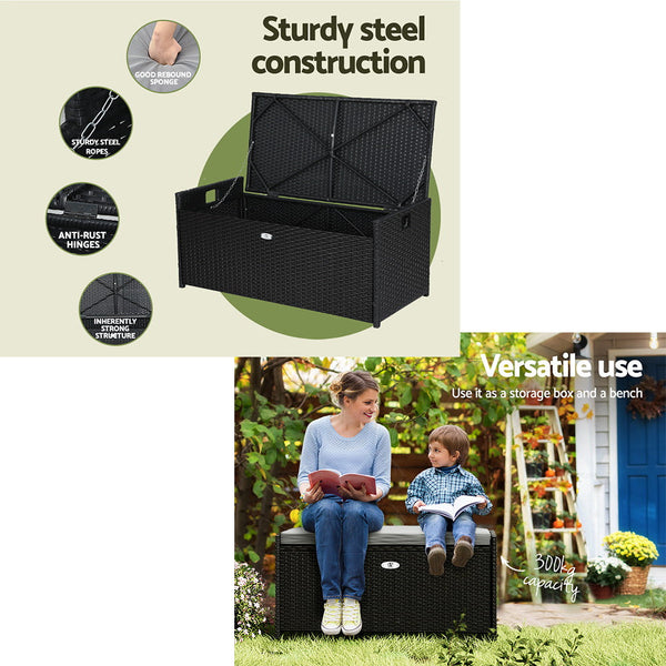 Gardeon Outdoor Storage Bench Box Wicker Garden Sheds Tools Cushion Patio Furniture Black Storage Deck Boxes