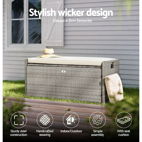 Gardeon Outdoor Storage Bench Box Wicker Garden Sheds Tools Cushion Patio Furniture Grey Storage Deck Boxes