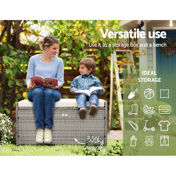 Gardeon Outdoor Storage Bench Box Wicker Garden Sheds Tools Cushion Patio Furniture Grey Storage Deck Boxes