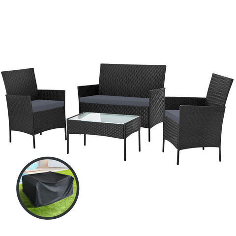 Gardeon 4 Seater Outdoor Sofa Set With Storage Cover Wicker Table Chair Black Patio Furniture Sets