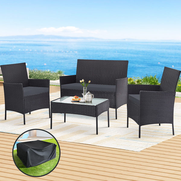 Gardeon 4 Seater Outdoor Sofa Set With Storage Cover Wicker Table Chair Darkgrey Patio Furniture Sets