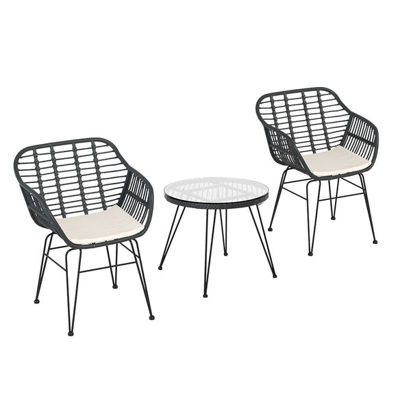 Gardeon 3Pc Outdoor Furniture Bistro Set Lounge Setting Table Chairs Cushion Patio Grey Patio Furniture Sets
