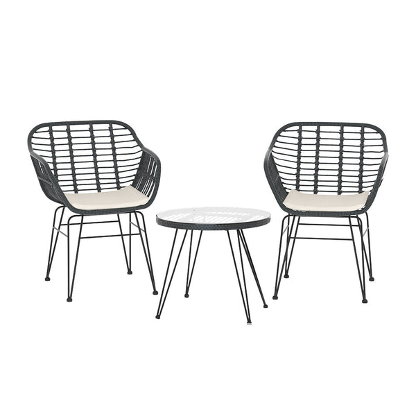 Gardeon 3Pc Outdoor Furniture Bistro Set Lounge Setting Table Chairs Cushion Patio Grey Patio Furniture Sets