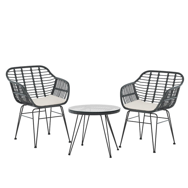 Gardeon 3Pc Outdoor Furniture Bistro Set Lounge Setting Table Chairs Cushion Patio Grey Patio Furniture Sets