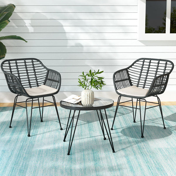 Gardeon 3Pc Outdoor Furniture Bistro Set Lounge Setting Table Chairs Cushion Patio Grey Patio Furniture Sets