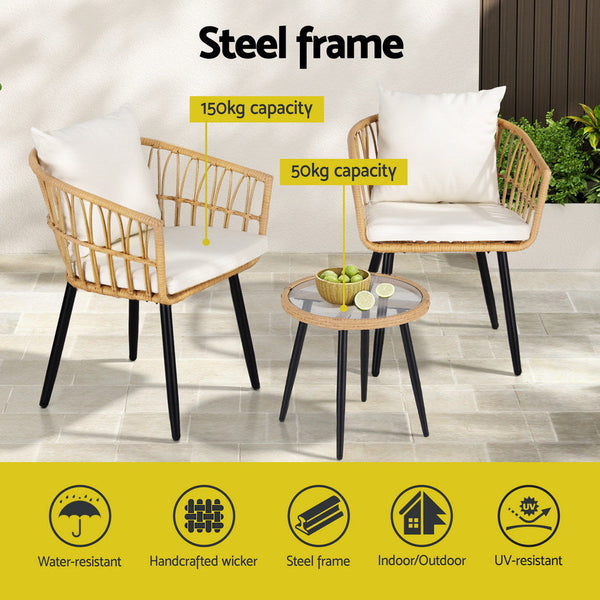 Gardeon 3Pc Outdoor Bistro Set Patio Furniture Lounge Setting Table And Chairs Natural Patio Furniture Sets