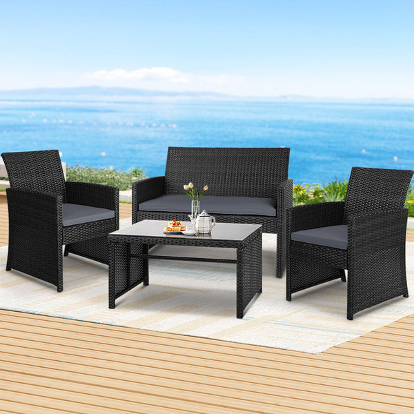 Gardeon 4 Pcs Outdoor Sofa Set Rattan Chair Table Setting Garden Furniture Black Patio Furniture Sets