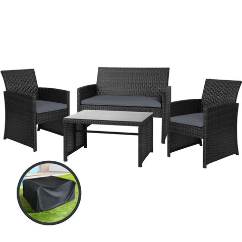 Gardeon 4 Pcs Outdoor Sofa Set With Storage Cover Rattan Chair Furniture Black Patio Furniture Sets