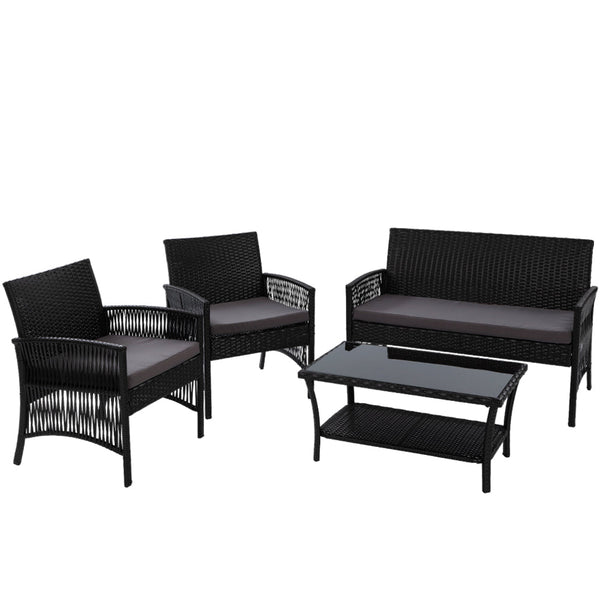 Gardeon 4Pcs Outdoor Sofa Set Wicker Harp Chair Table Garden Furniture Black Patio Furniture Sets