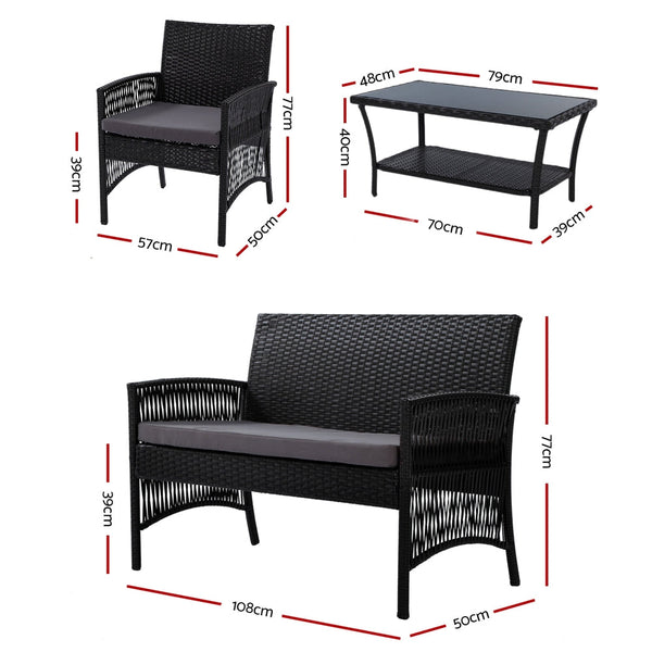 Gardeon 4Pcs Outdoor Sofa Set Wicker Harp Chair Table Garden Furniture Black Patio Furniture Sets