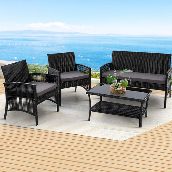 Gardeon 4Pcs Outdoor Sofa Set Wicker Harp Chair Table Garden Furniture Black Patio Furniture Sets