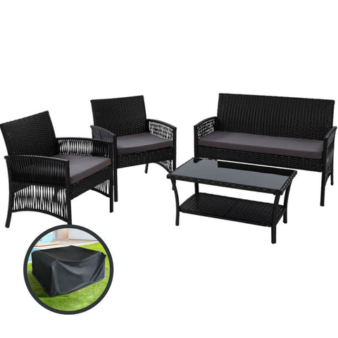 Gardeon 4Pcs Outdoorsofa Set With Storage Cover Wicker Harp Chair Table Black Patio Furniture Sets
