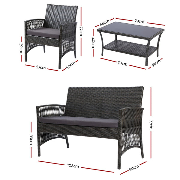 Gardeon 4Pcs Outdoor Sofa Set Wicker Harp Chair Table Garden Furniture Grey Patio Furniture Sets