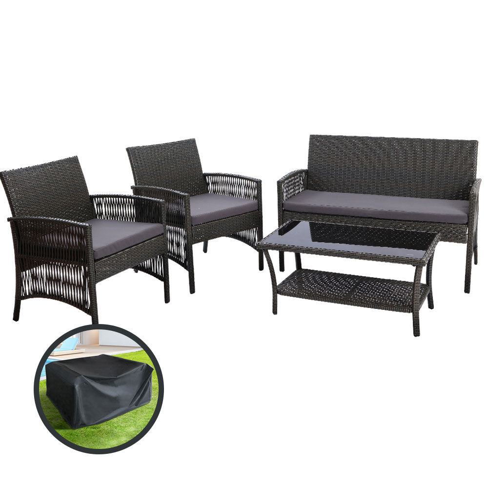 Gardeon Outdoor Wicker Sofa Set With Storage Cover Grey Patio Furniture Patio Furniture Sets