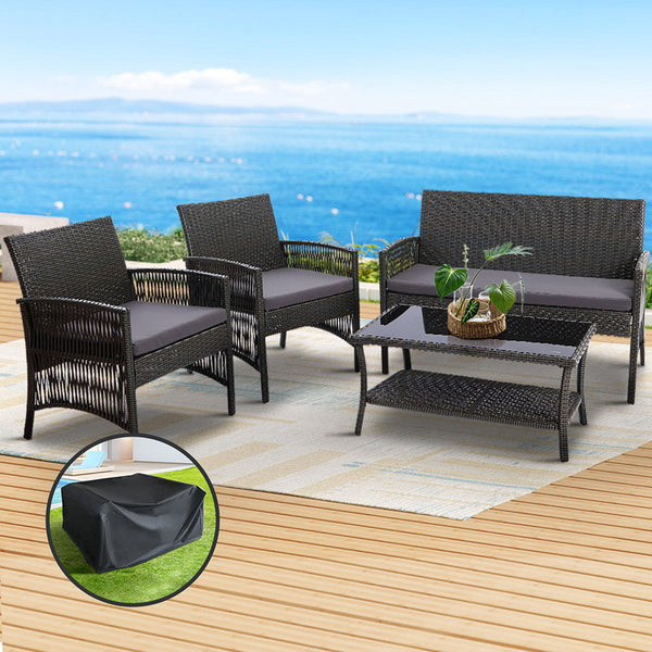 Gardeon Outdoor Wicker Sofa Set With Storage Cover Grey Patio Furniture Patio Furniture Sets