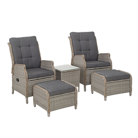 Gardeon 5Pc Recliner Chairs Table Sun Lounge Wicker Outdoor Furniture Adjustable Grey Loungers