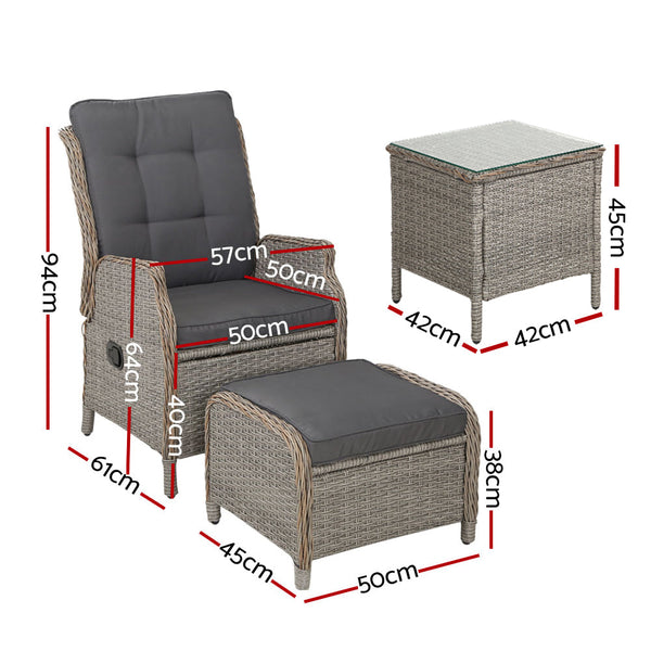 Gardeon 5Pc Recliner Chairs Table Sun Lounge Wicker Outdoor Furniture Adjustable Grey Loungers