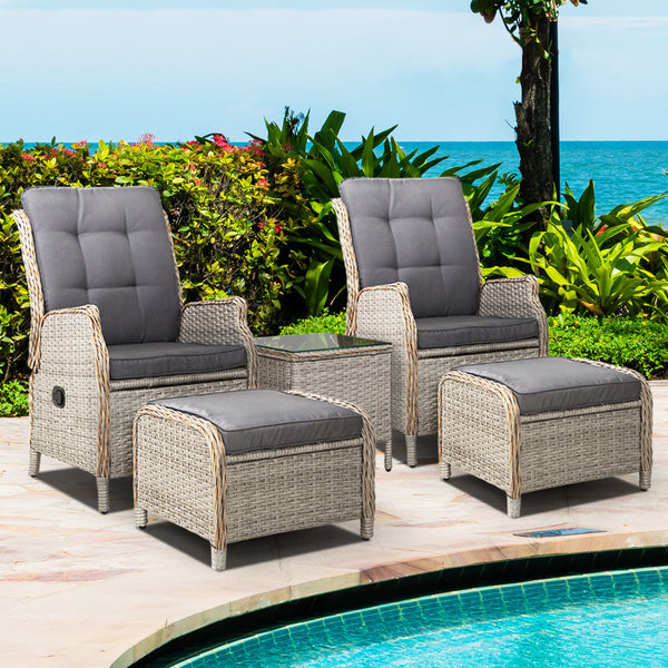 Gardeon 5Pc Recliner Chairs Table Sun Lounge Wicker Outdoor Furniture Adjustable Grey Loungers