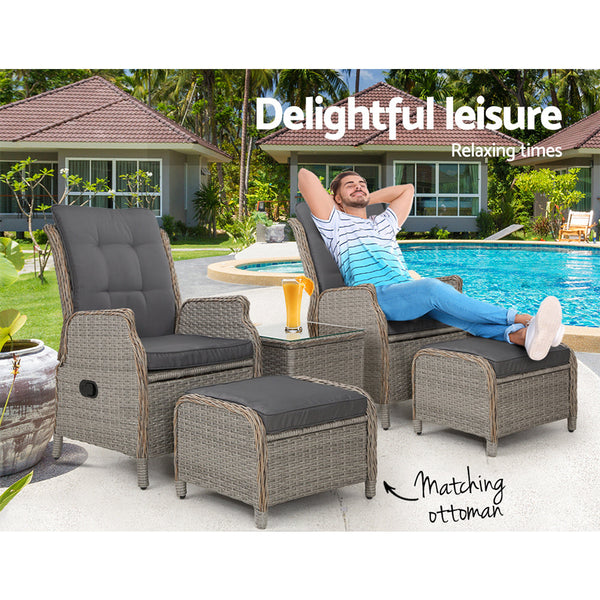 Gardeon 5Pc Recliner Chairs Table Sun Lounge Wicker Outdoor Furniture Adjustable Grey Loungers