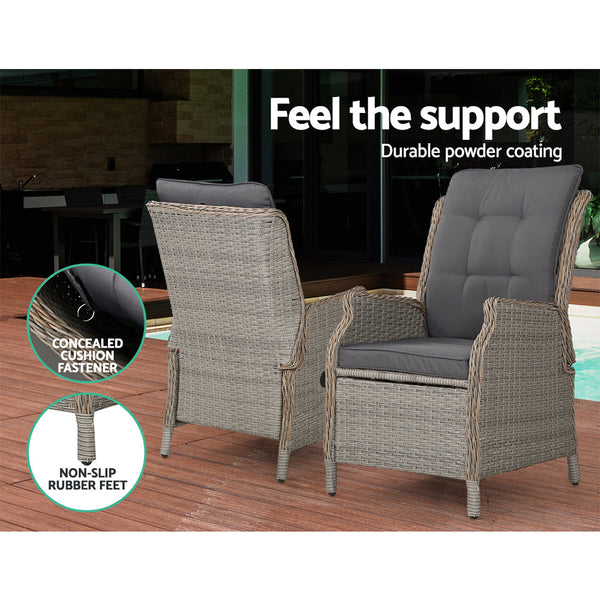 Gardeon 5Pc Recliner Chairs Table Sun Lounge Wicker Outdoor Furniture Adjustable Grey Loungers